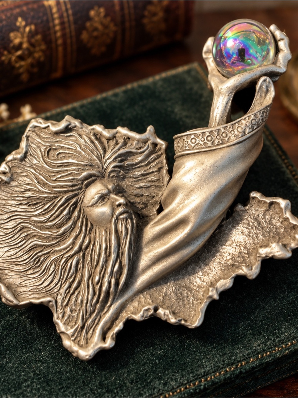 Vintage JJ Jonette Jewelry Figural Brooch Man Horn Iridescent Cabochon